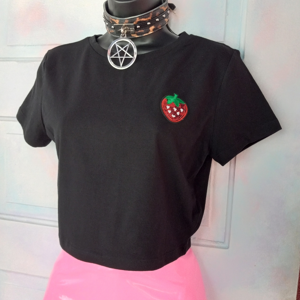Hot Topic Black Crop Top with Strawberry Patch